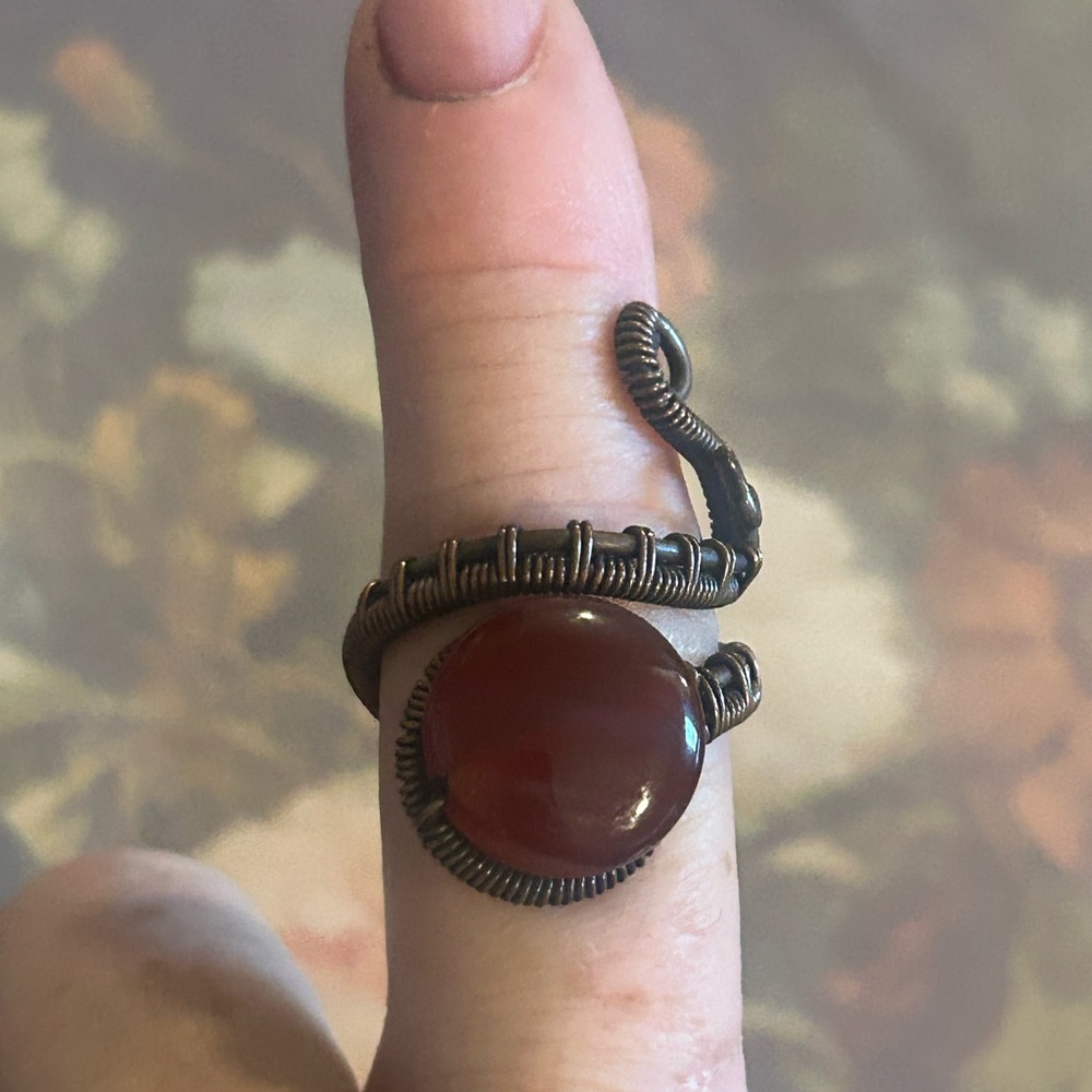 Adjustable Copper Wire Wrapped Red Jasper Stone Ring